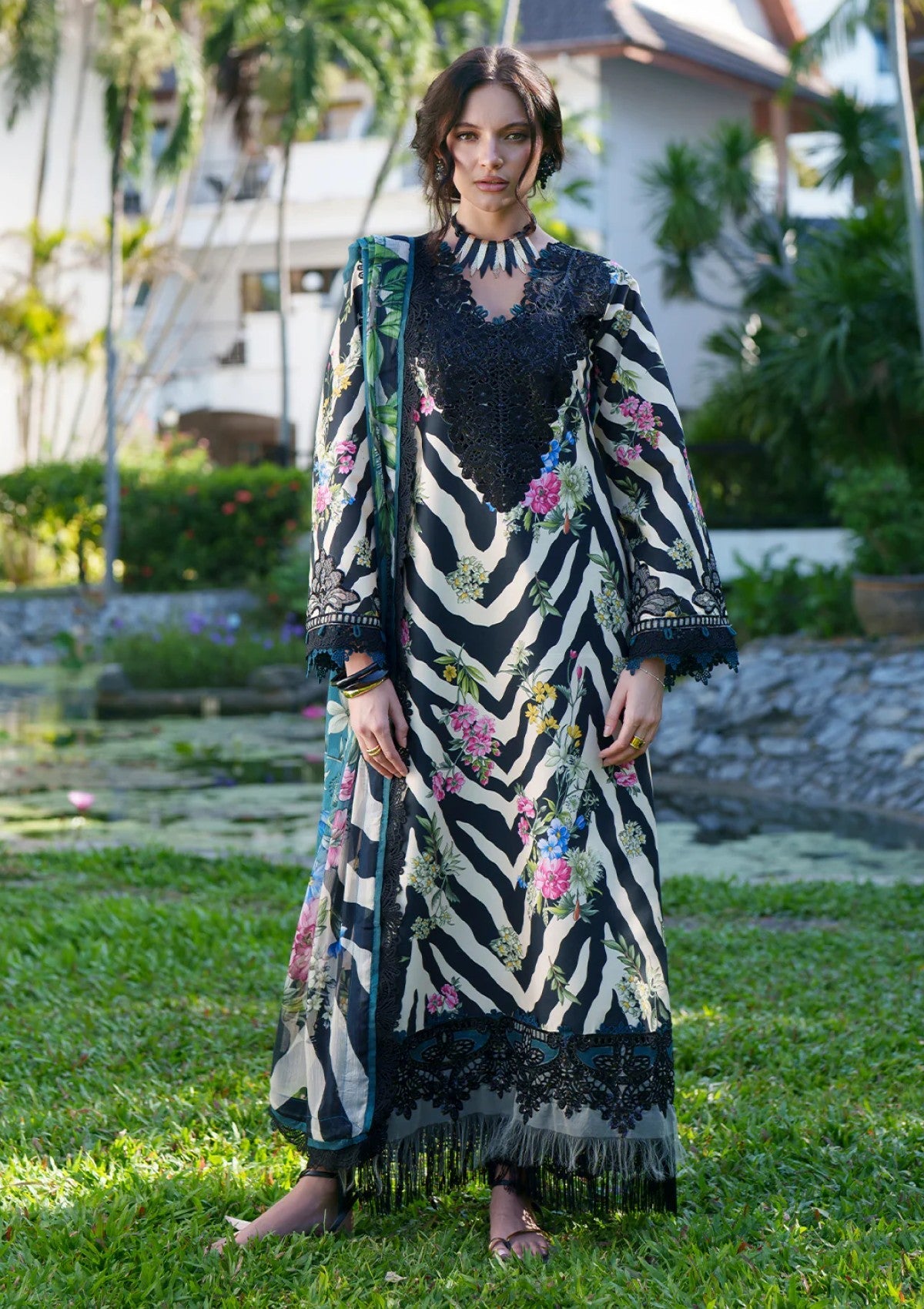 Lawn -  Black Navy Printed Chikankari  Suit