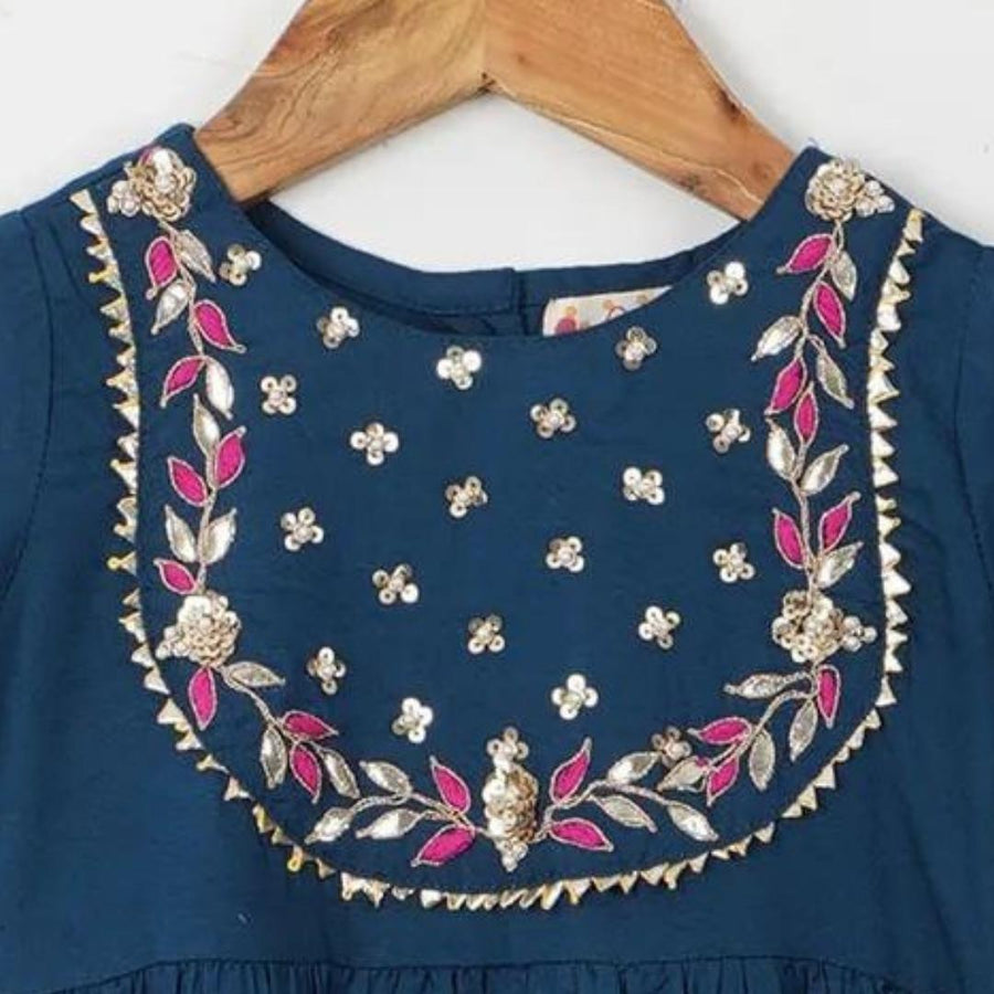 Girls Blue Hand Embroidered Ethnic Gota Dress with Pom Pom (1 Piece)