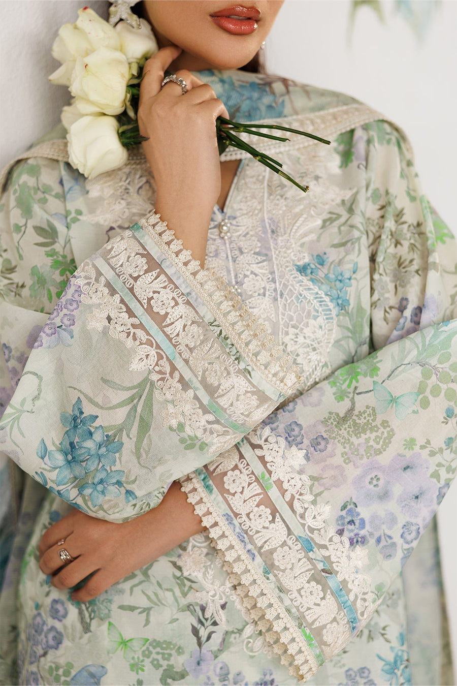 Detailed close-up of sleeve embroidery with floral lace and organza on digitally printed lawn fabric