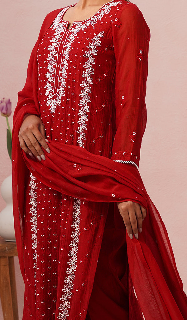Saziya Women's Lakhnavi Handcrafted Mul Chanderi Chikankari Stitched Kurta, Dupatta And Pant Set