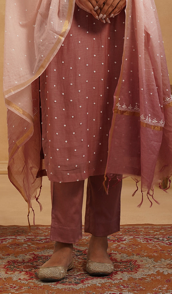 Jazba Women's Lakhnavi Handcrafted Mul Chanderi Chikankari Stitched Kurta, Dupatta And Pant Set
