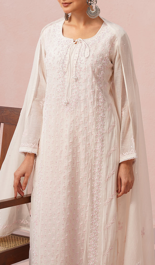 Saziya Women's Lakhnavi Handcrafted Mul Chanderi Chikankari Stitched Kurta, Dupatta And Pant Set - HONC01327945