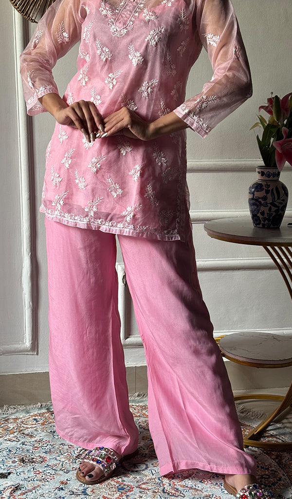 Women's Lucknowi Handcrafted Organza  Stitched Chikankari Kurta And Plazzo Set - Pehnaawaa