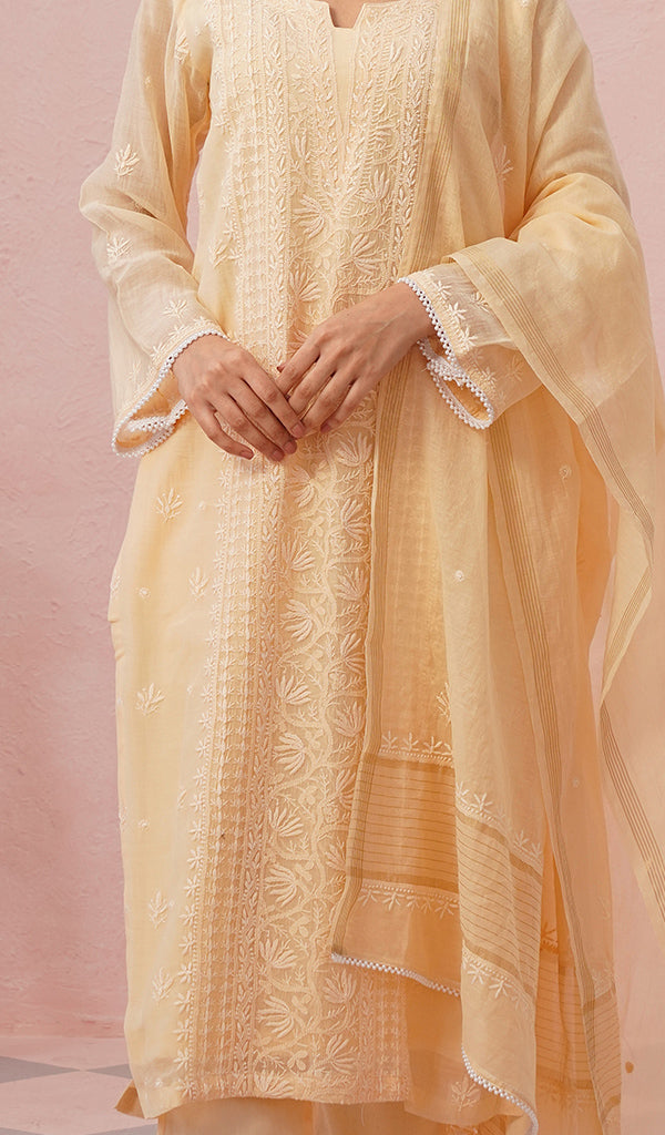 Women's Lakhnavi Handcrafted Mul Chanderi Chikankari Stitched Kurta, Dupatta And Pant Set - HONC0457995