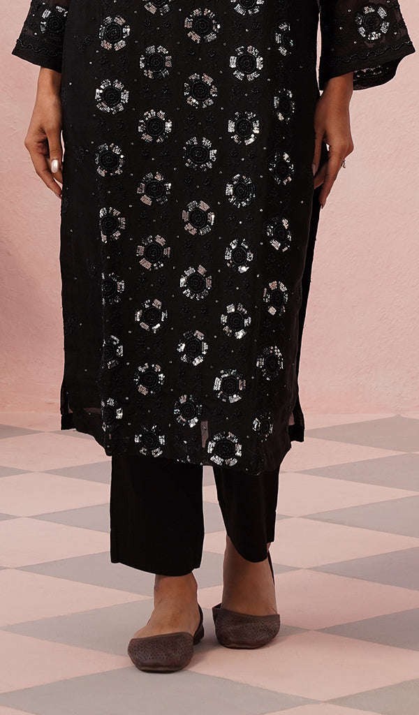 Women's Lucknowi Handcrafted Pure Organza Silk Stitched Chikankari Kurta, Dupatta With Pant Set