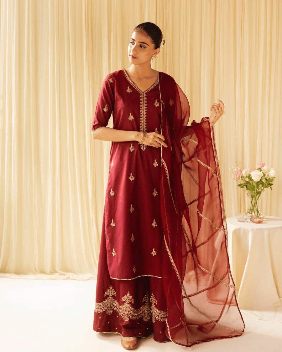 Red Maroon – Elegant Embroidered Suit for Women