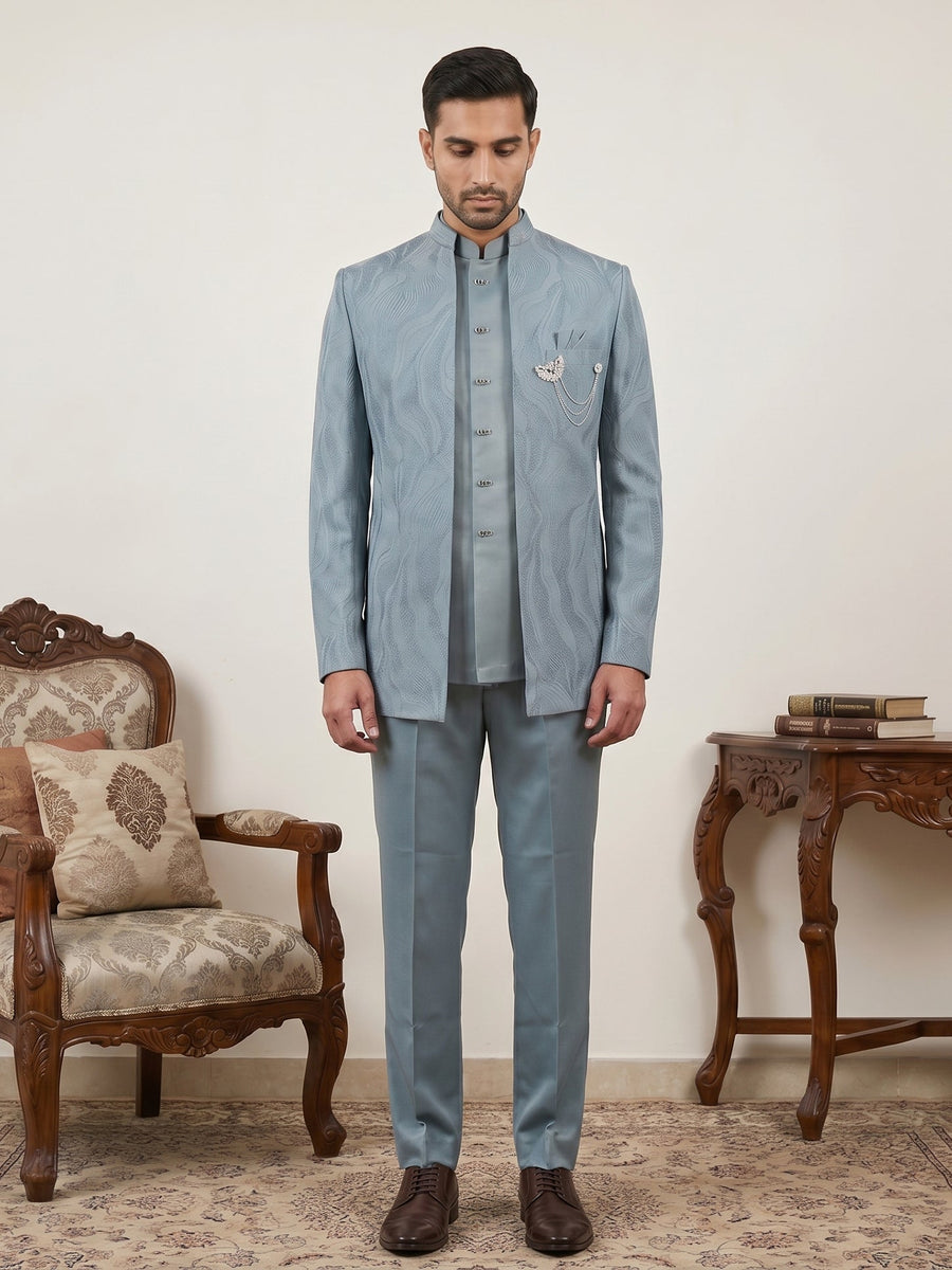 Men's Cotton Blend Embroidered Indo-Western Set ( 50JIND 218Sky )