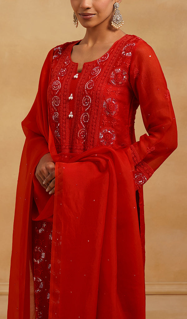 Women's Lucknowi Handcrafted Pure Organza Silk Stitched Chikankari Kurta, Dupatta With Pant Set