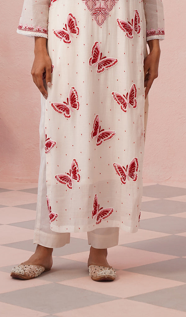 Titlee Women's Lakhnavi Handcrafted Mul Chanderi Chikankari Stitched Kurta, Dupatta And Pant Set