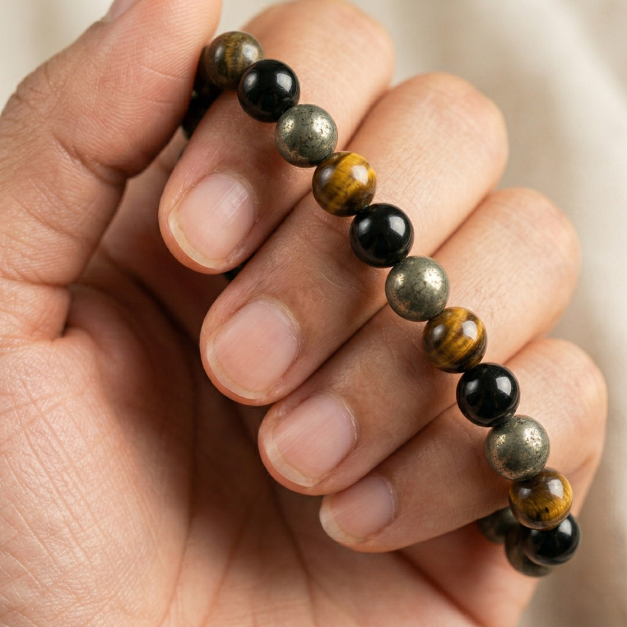 Triple Protection Bracelet – Natural Hematite, Tiger Eye & Black Obsidian Beaded Bracelet for Protection, Strength & Positive Energy