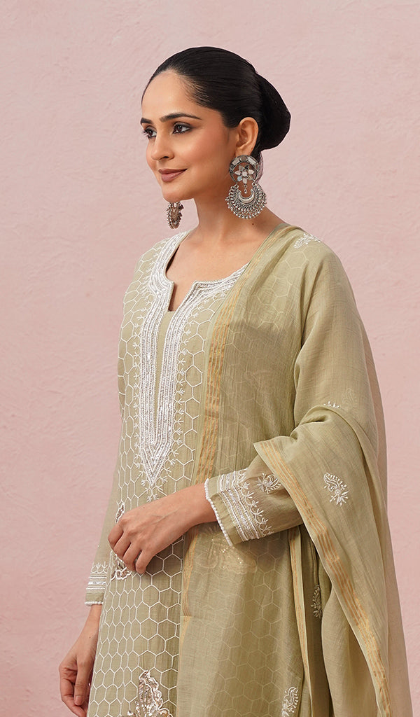 Women's Lakhnavi Handcrafted Mul Chanderi Chikankari Stitched Kurta, Dupatta And Pant Set - HONC0555586