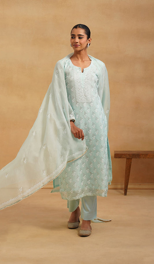 Women's Lucknowi Handcrafted Pure Organza Silk Stitched Chikankari Kurta, Dupatta With Pant Set