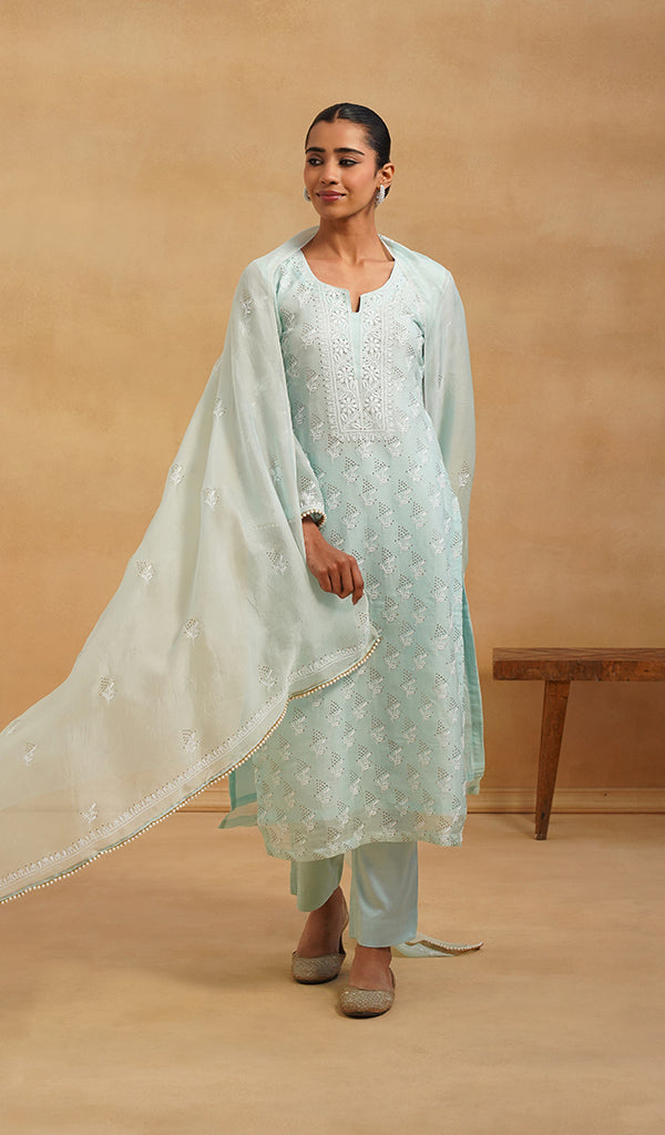 Women's Lucknowi Handcrafted Pure Organza Silk Stitched Chikankari Kurta, Dupatta With Pant Set