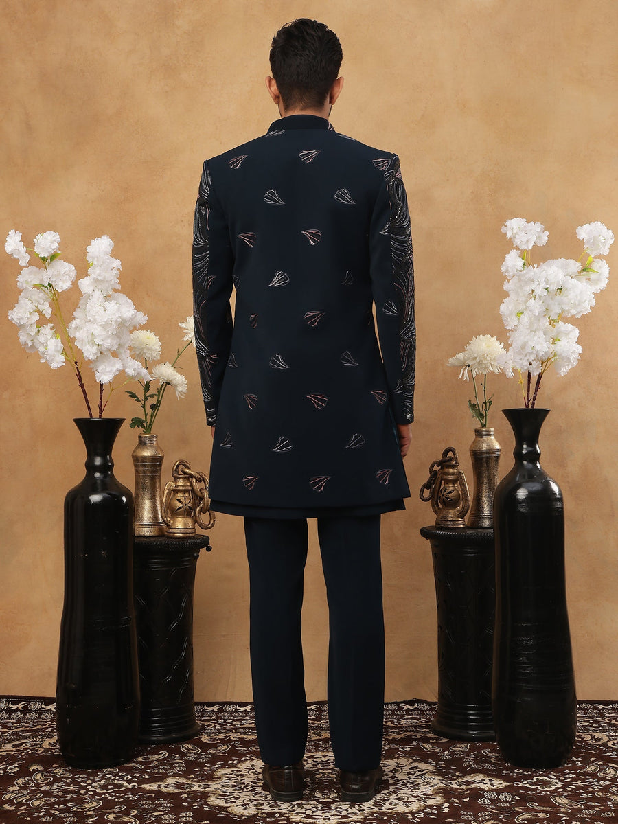 Men's Navy Blue Geometric Embroidered Set ( 50JIND 121 Navy )