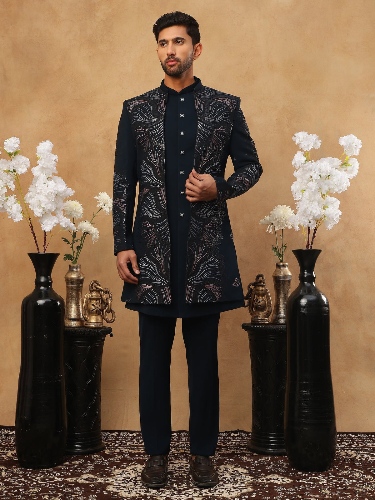 Men's Navy Blue Geometric Embroidered Set ( 50JIND 121 Navy )