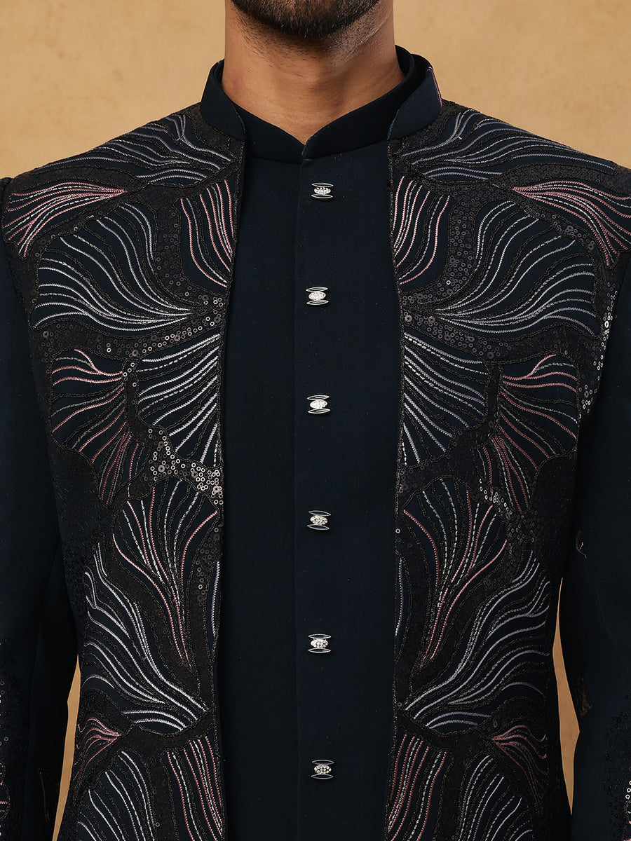 Men's Navy Blue Geometric Embroidered Set ( 50JIND 121 Navy )