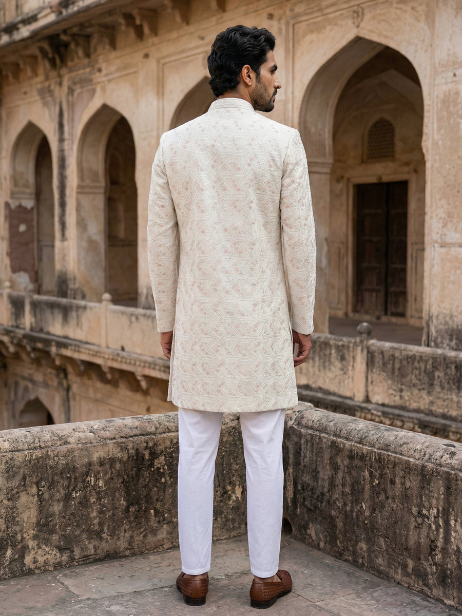 Jacquard Silk Sherwani Set ( 50JIND 137Cream S )