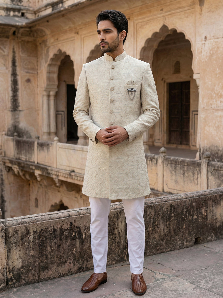 Jacquard Silk Sherwani Set ( 50JIND 137Cream S )
