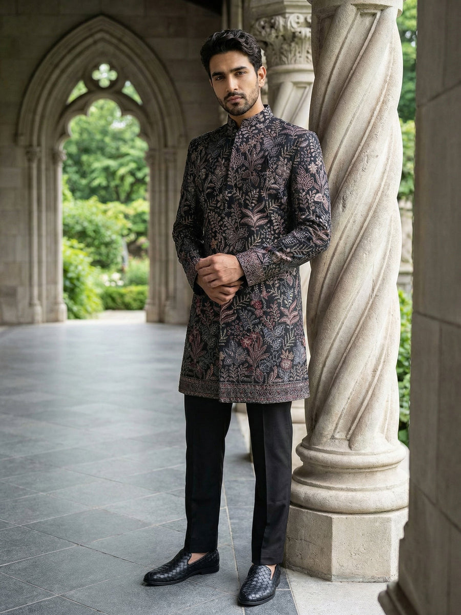Ethnic Velvet Embroidered Sherwani Set ( 50JIND 142Black S )