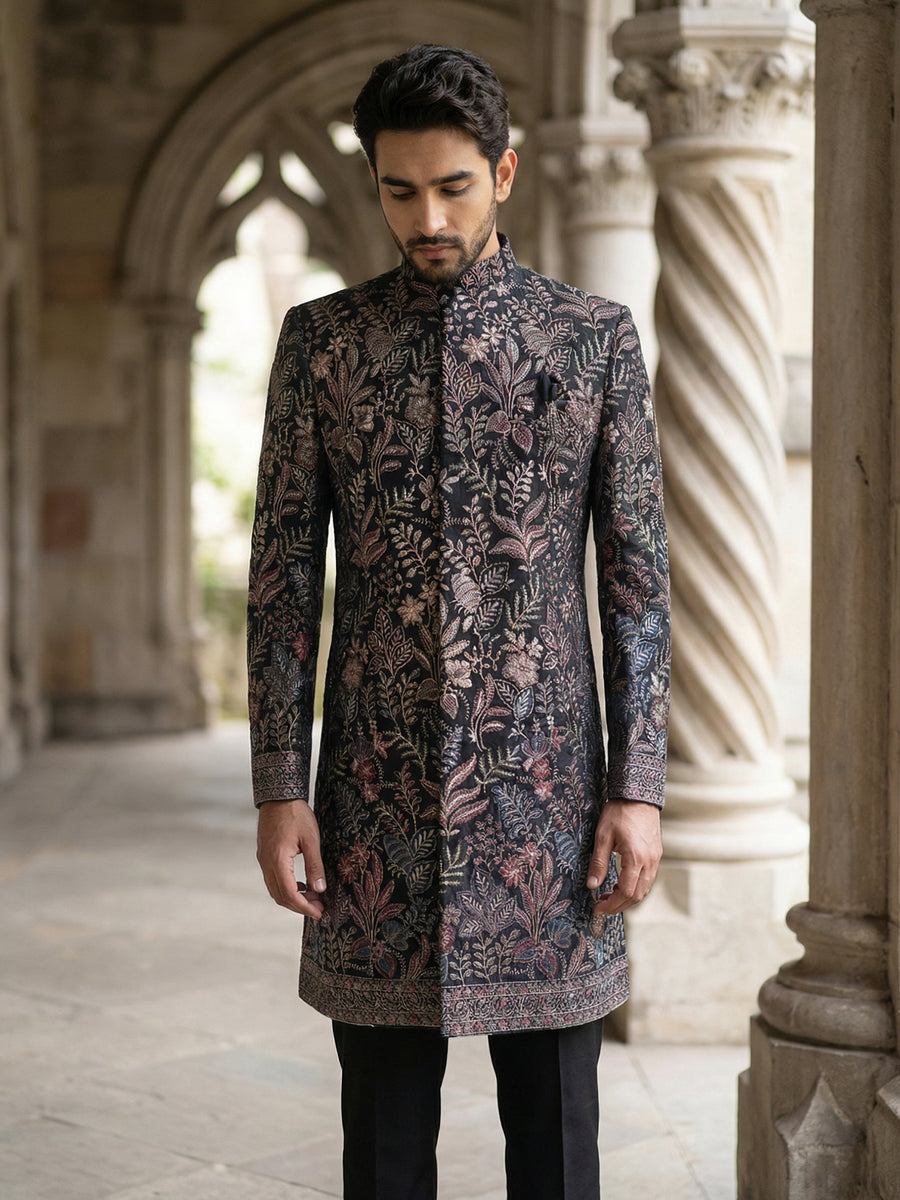 Ethnic Velvet Embroidered Sherwani Set ( 50JIND 142Black S )