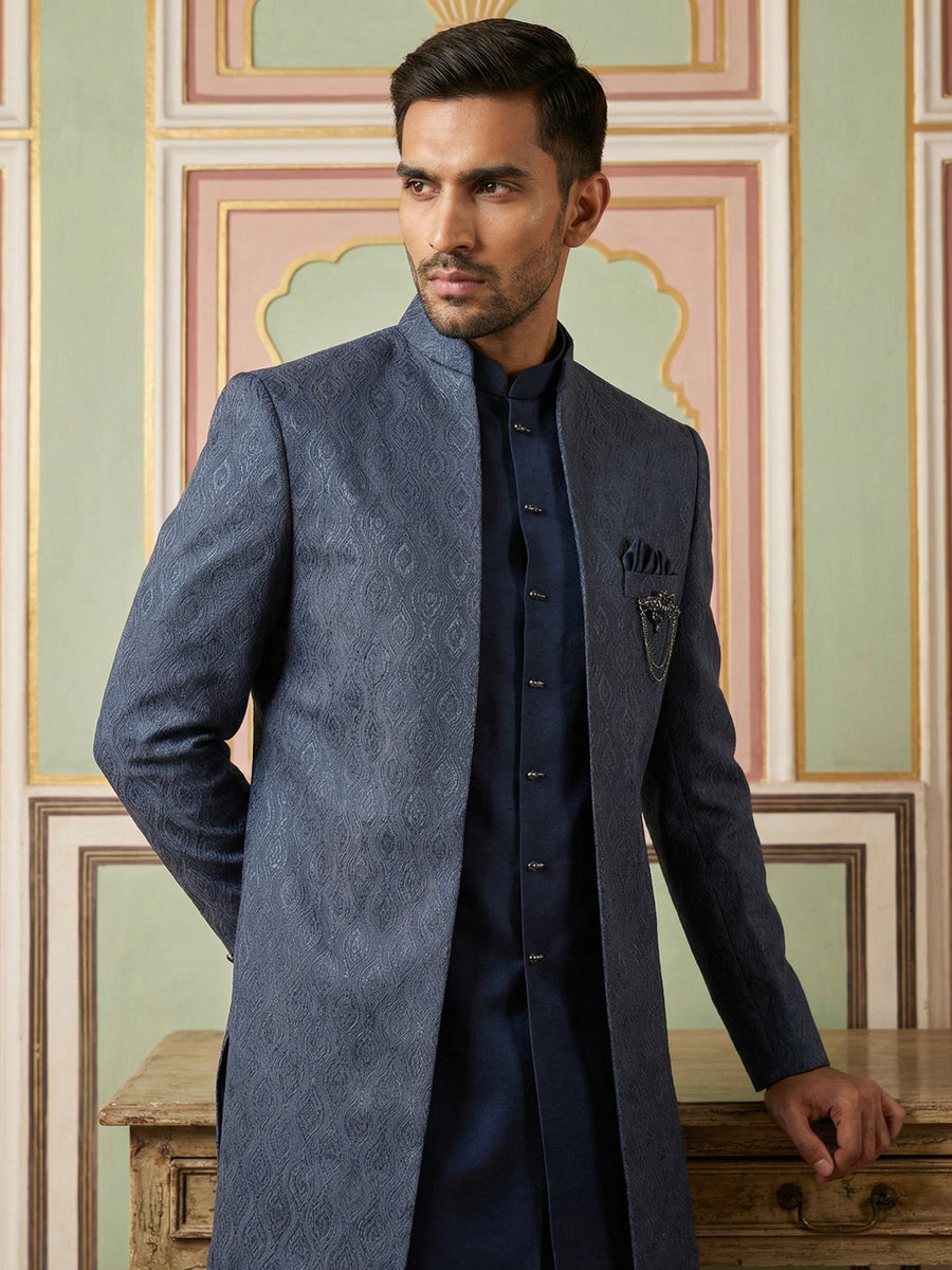 Designer Cotton Blend Sherwani Set ( 50JIND 144Navy S )