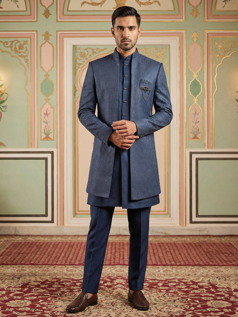 Designer Cotton Blend Sherwani Set ( 50JIND 144Navy S )