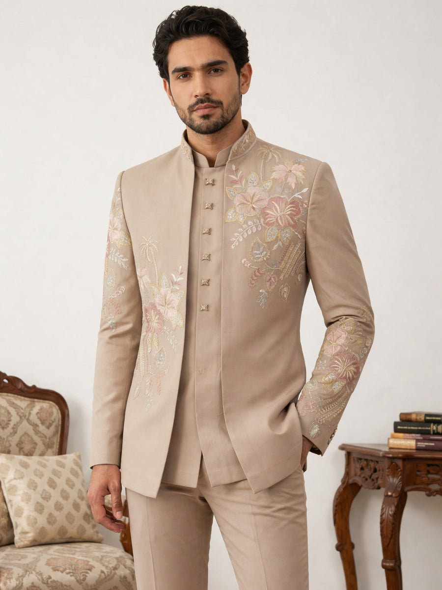 Japanese Fabric Embroidered Sherwani Set ( 50JIND 145Beige S )