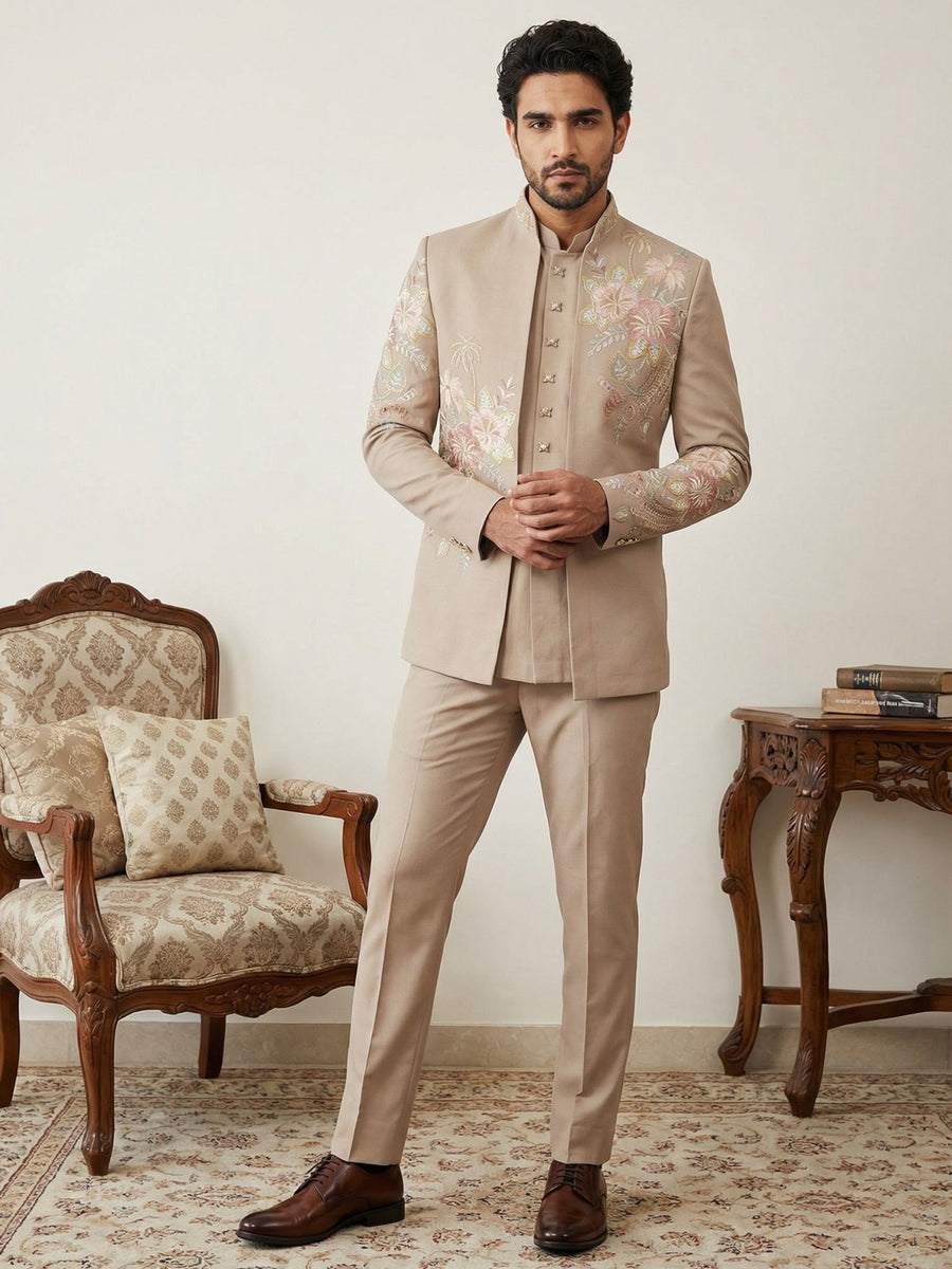 Japanese Fabric Embroidered Sherwani Set ( 50JIND 145Beige S )