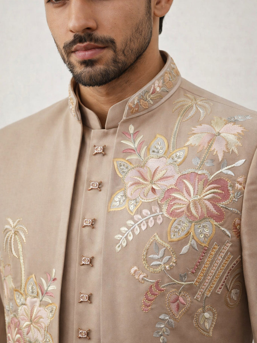 Japanese Fabric Embroidered Sherwani Set ( 50JIND 145Beige S )