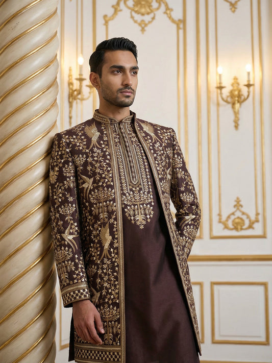 Silk Blend Floral Embroidered Sherwani Set ( 50JIND 146Purple S )