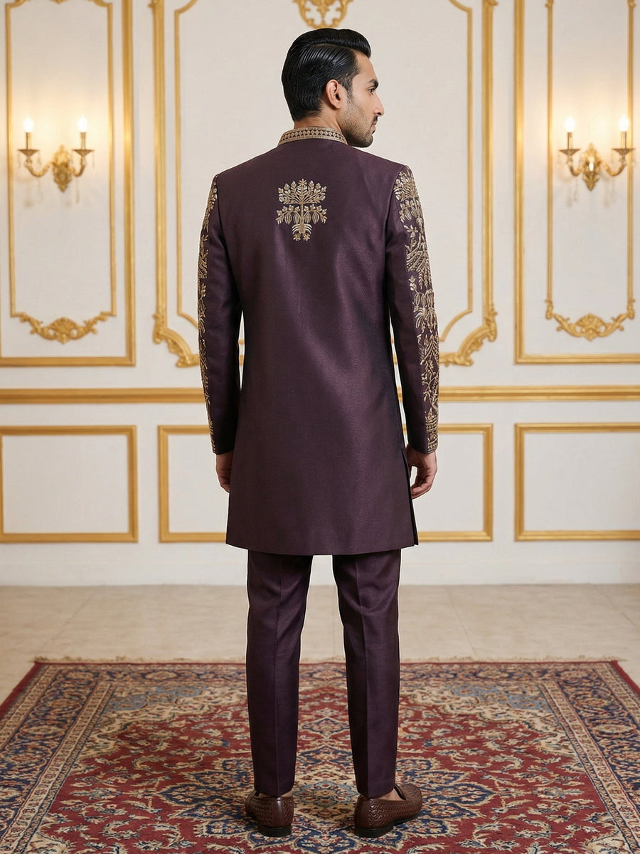Silk Blend Floral Embroidered Sherwani Set ( 50JIND 146Purple S )