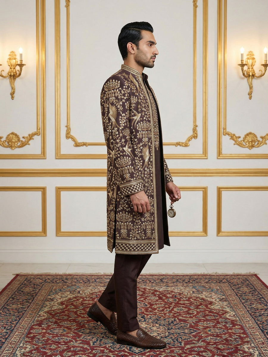 Silk Blend Floral Embroidered Sherwani Set ( 50JIND 146Purple S )