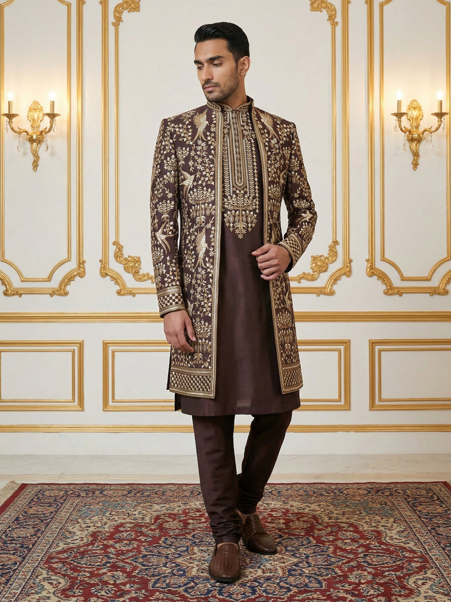 Silk Blend Floral Embroidered Sherwani Set ( 50JIND 146Purple S )
