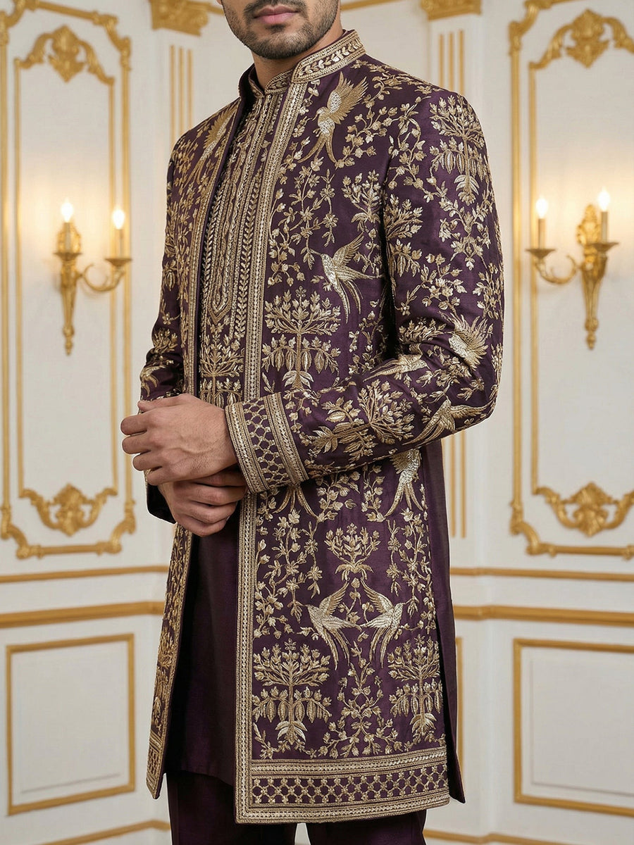 Silk Blend Floral Embroidered Sherwani Set ( 50JIND 146Purple S )