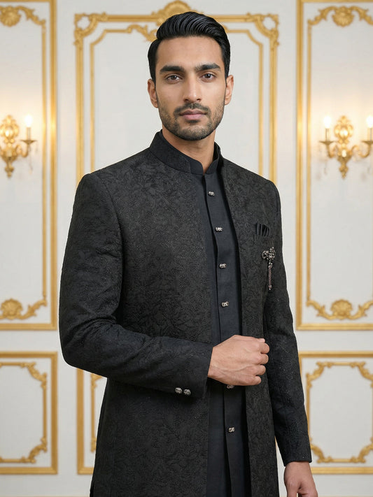 Men’s Premium Embroidered Indo-Western Set ( 50JIND 147Black S )