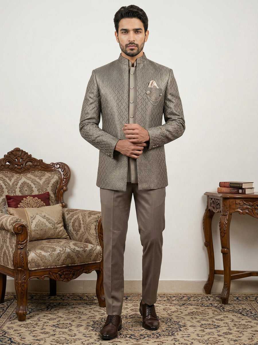Cotton Blend Textured Indo-Western Set ( 50JIND 150Brown S )