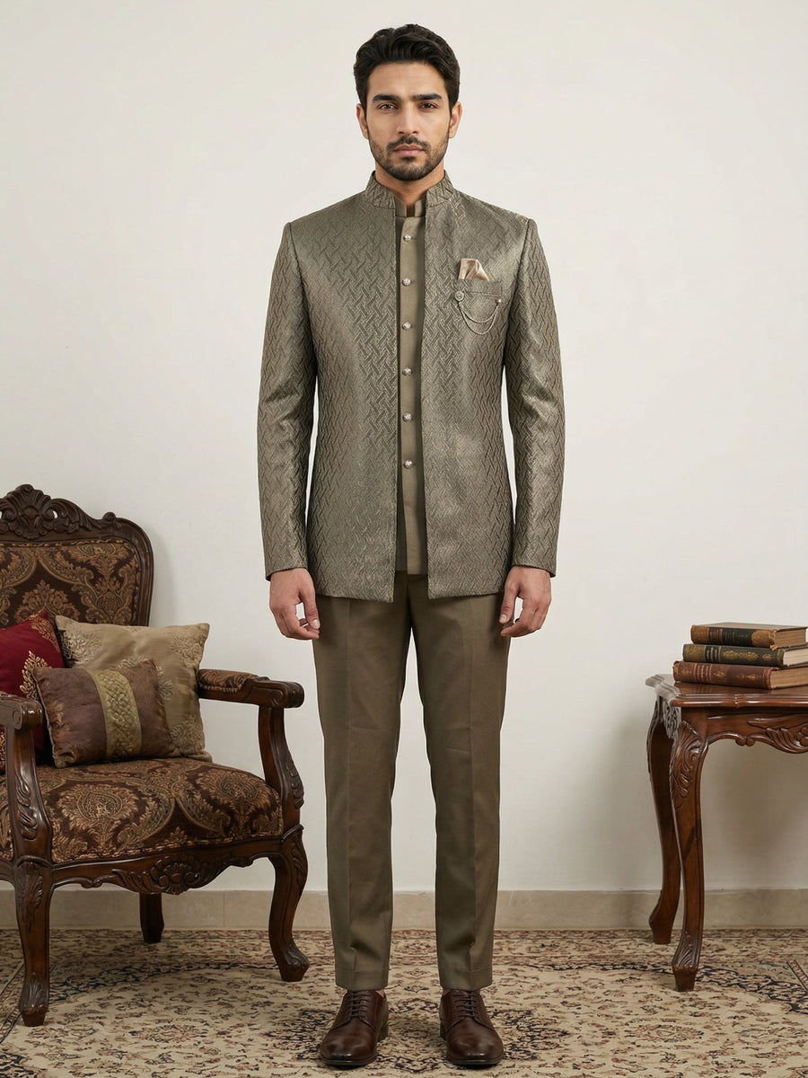 Cotton Blend Textured Indo-Western Set ( 50JIND 150Brown S )