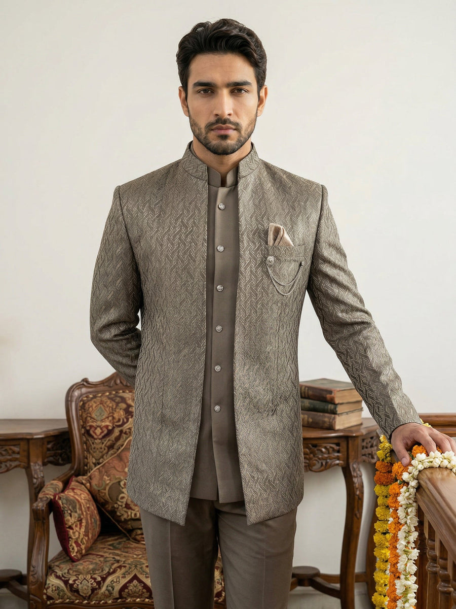 Cotton Blend Textured Indo-Western Set ( 50JIND 150Brown S )