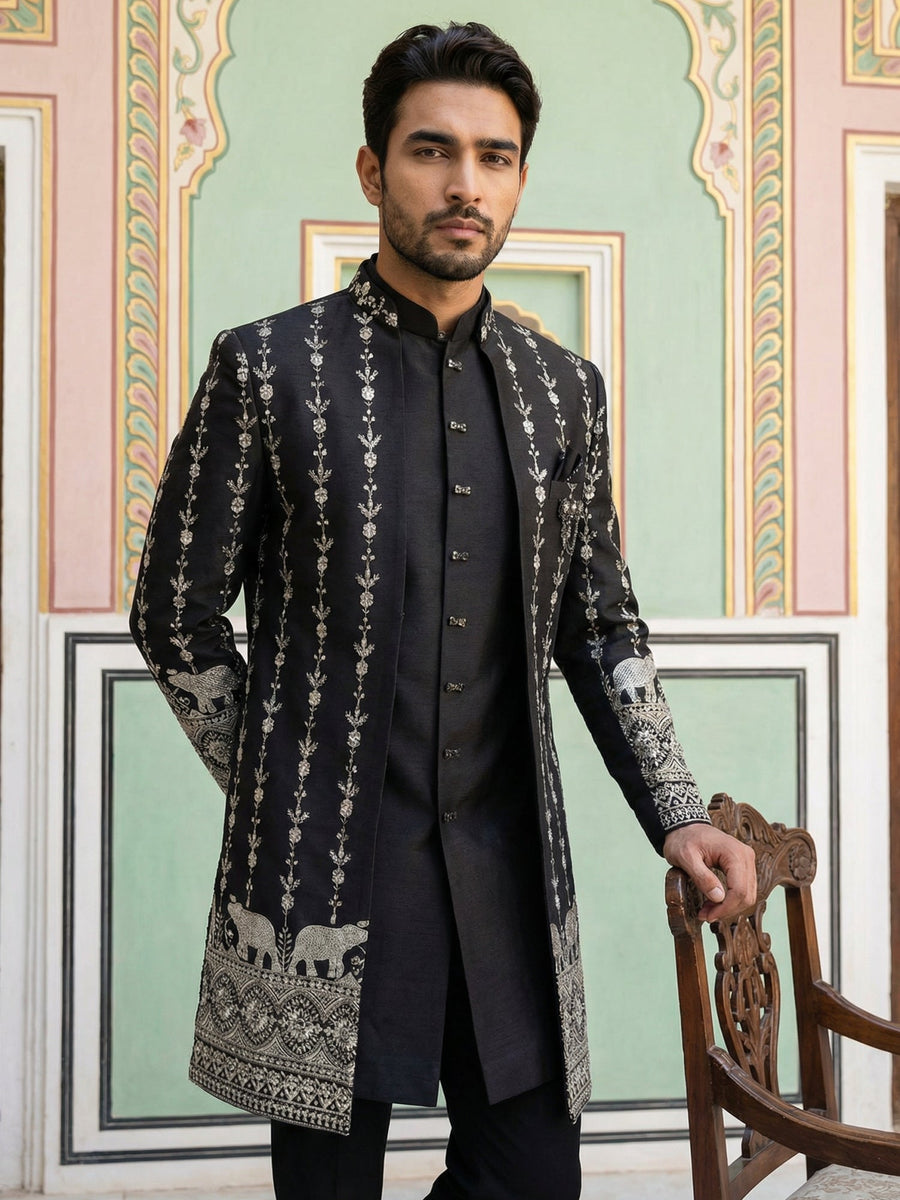 Men’s Embroidered Cotton Blend Indo-Western Set ( 50JIND 157Black S )