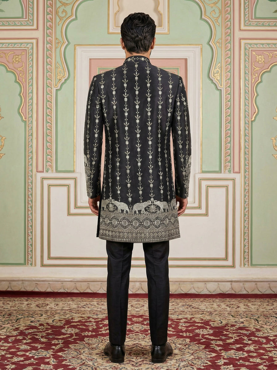 Men’s Embroidered Cotton Blend Indo-Western Set ( 50JIND 157Black S )