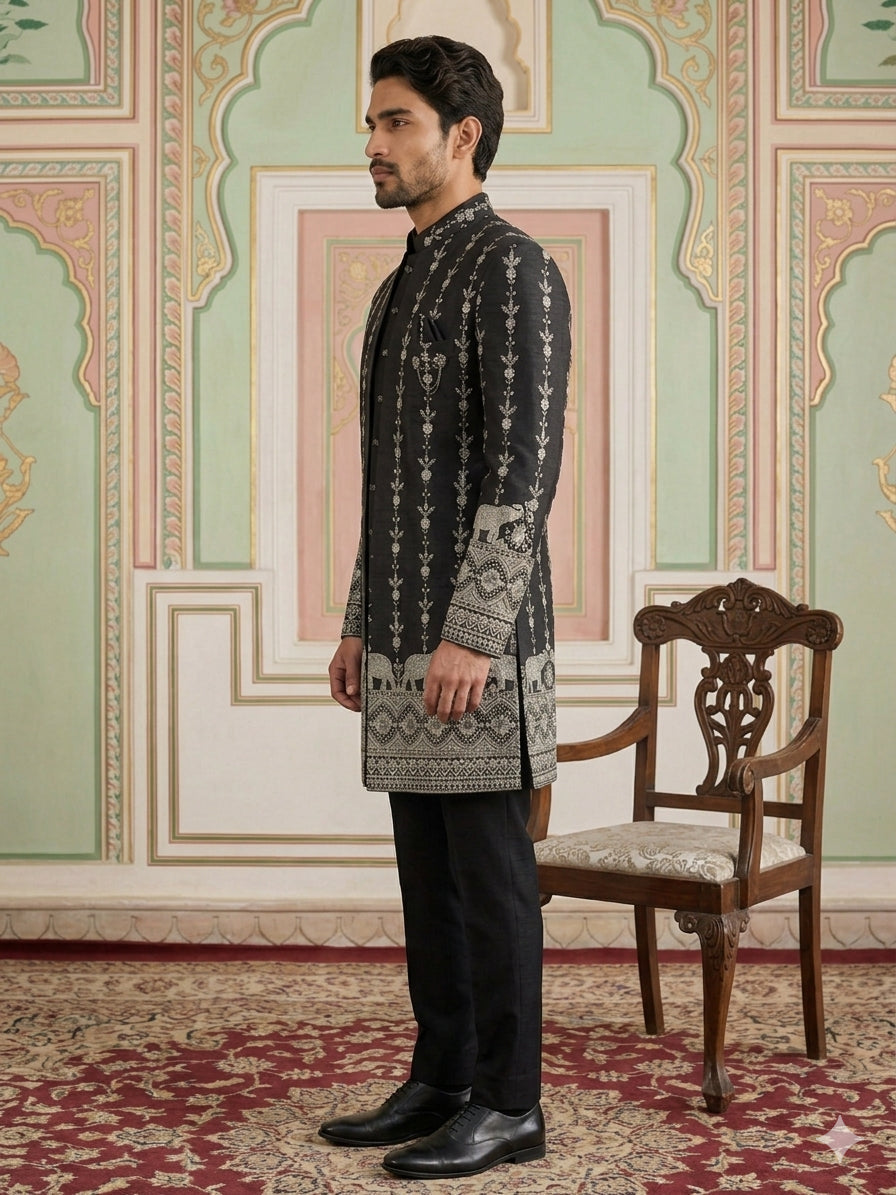 Men’s Embroidered Cotton Blend Indo-Western Set ( 50JIND 157Black S )