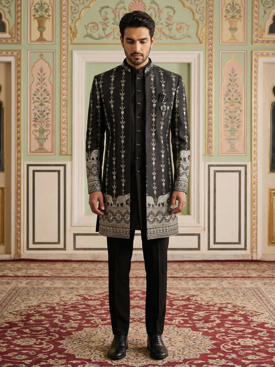 Men’s Embroidered Cotton Blend Indo-Western Set ( 50JIND 157Black S )