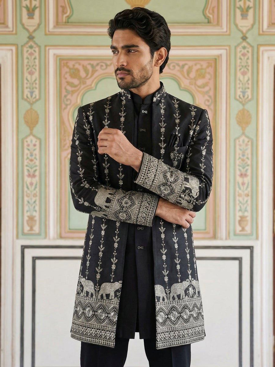 Men’s Embroidered Cotton Blend Indo-Western Set ( 50JIND 157Black S )