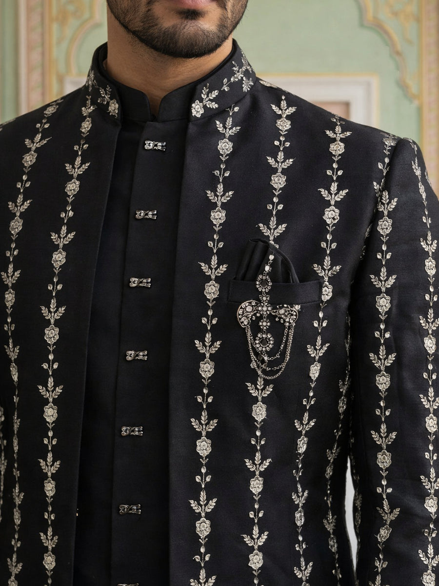 Men’s Embroidered Cotton Blend Indo-Western Set ( 50JIND 157Black S )