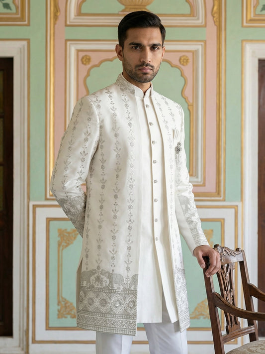 Men’s Embroidered Cotton Blend Indo-Western Set ( 50JIND 157White S )