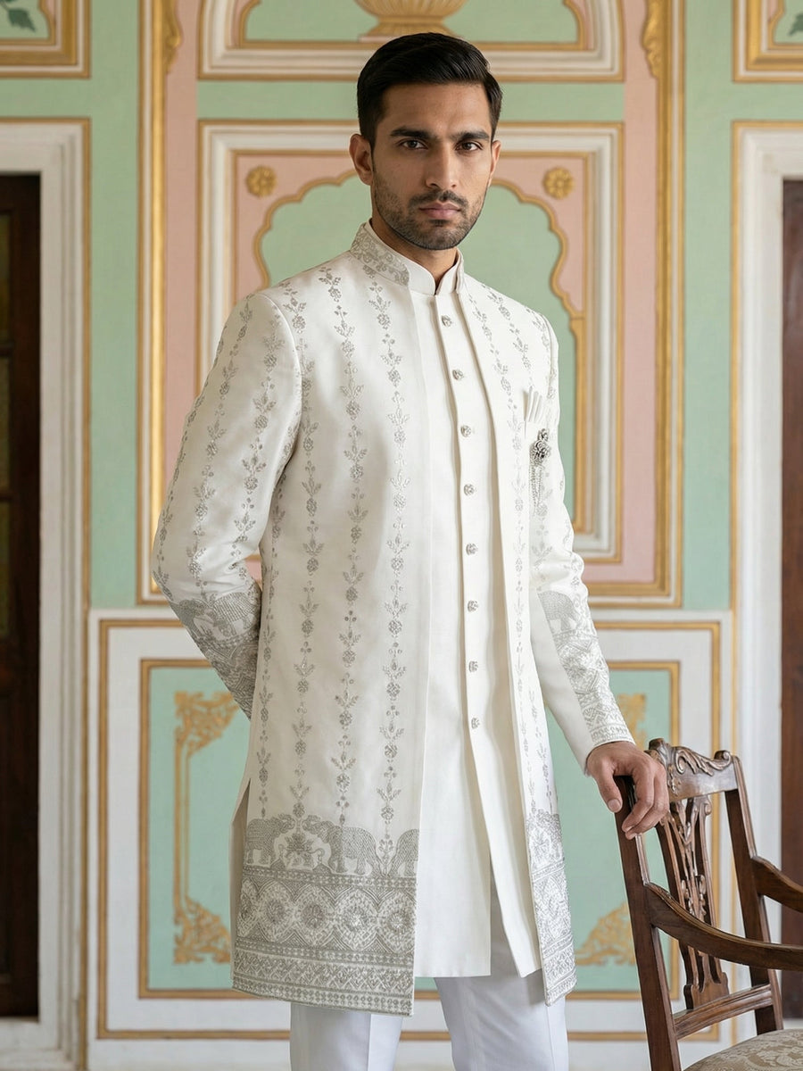 Men’s Embroidered Cotton Blend Indo-Western Set ( 50JIND 157White S )