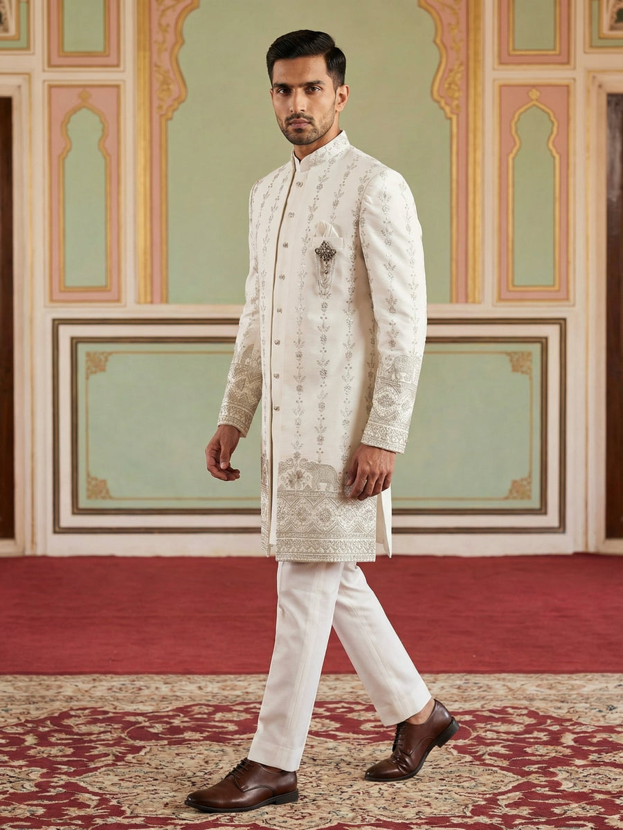 Men’s Embroidered Cotton Blend Indo-Western Set ( 50JIND 157White S )