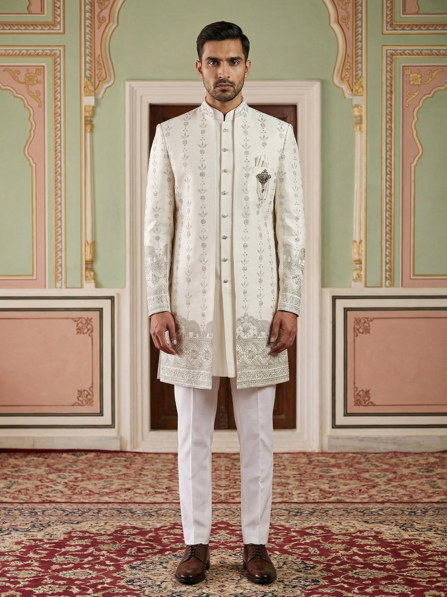 Men’s Embroidered Cotton Blend Indo-Western Set ( 50JIND 157White S )