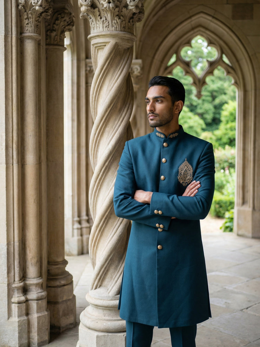 Men's Cotton Blend Indo-Western Set with Zari Work ( 50JIND 159Peacock S )