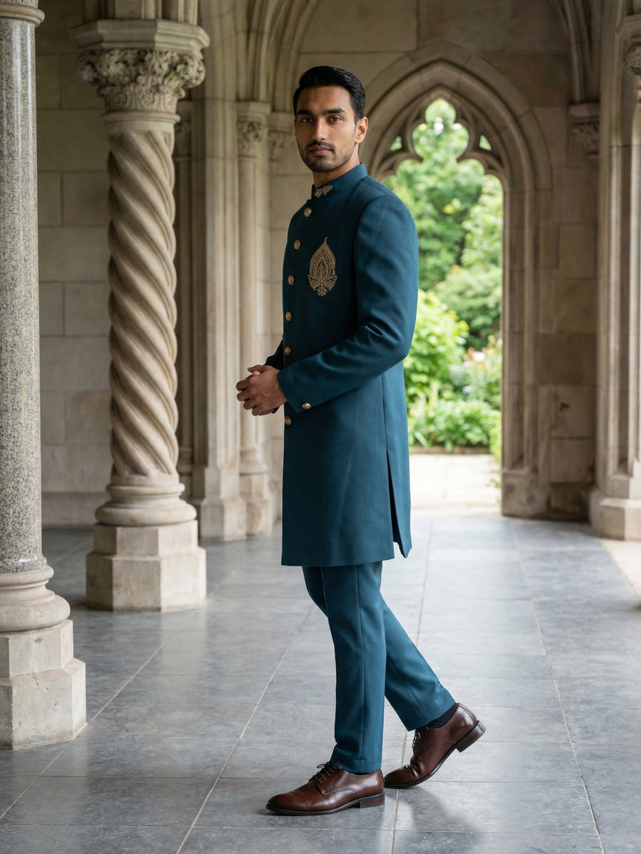Men's Cotton Blend Indo-Western Set with Zari Work ( 50JIND 159Peacock S )